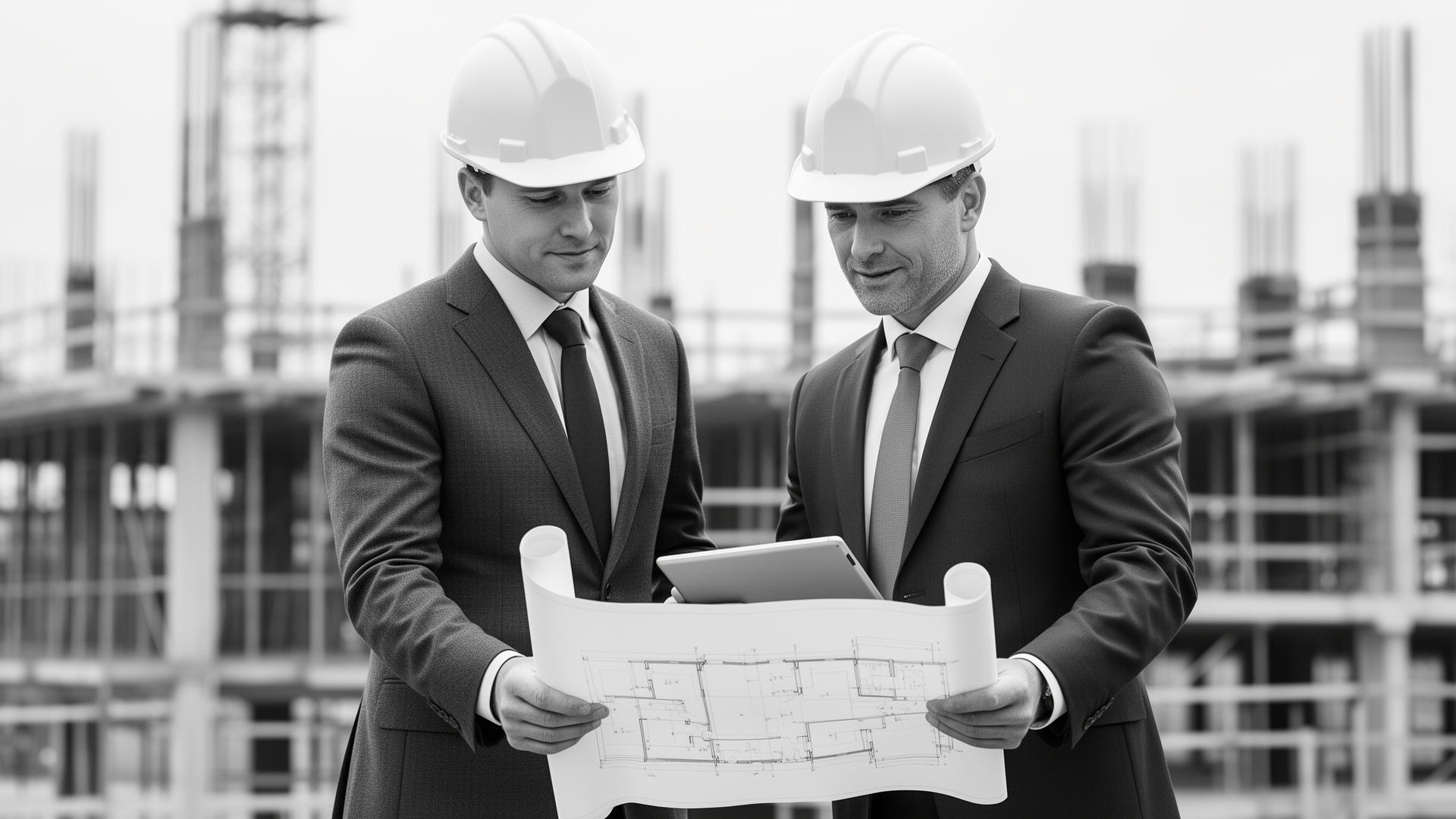 Construction leadership reviewing project plans on site